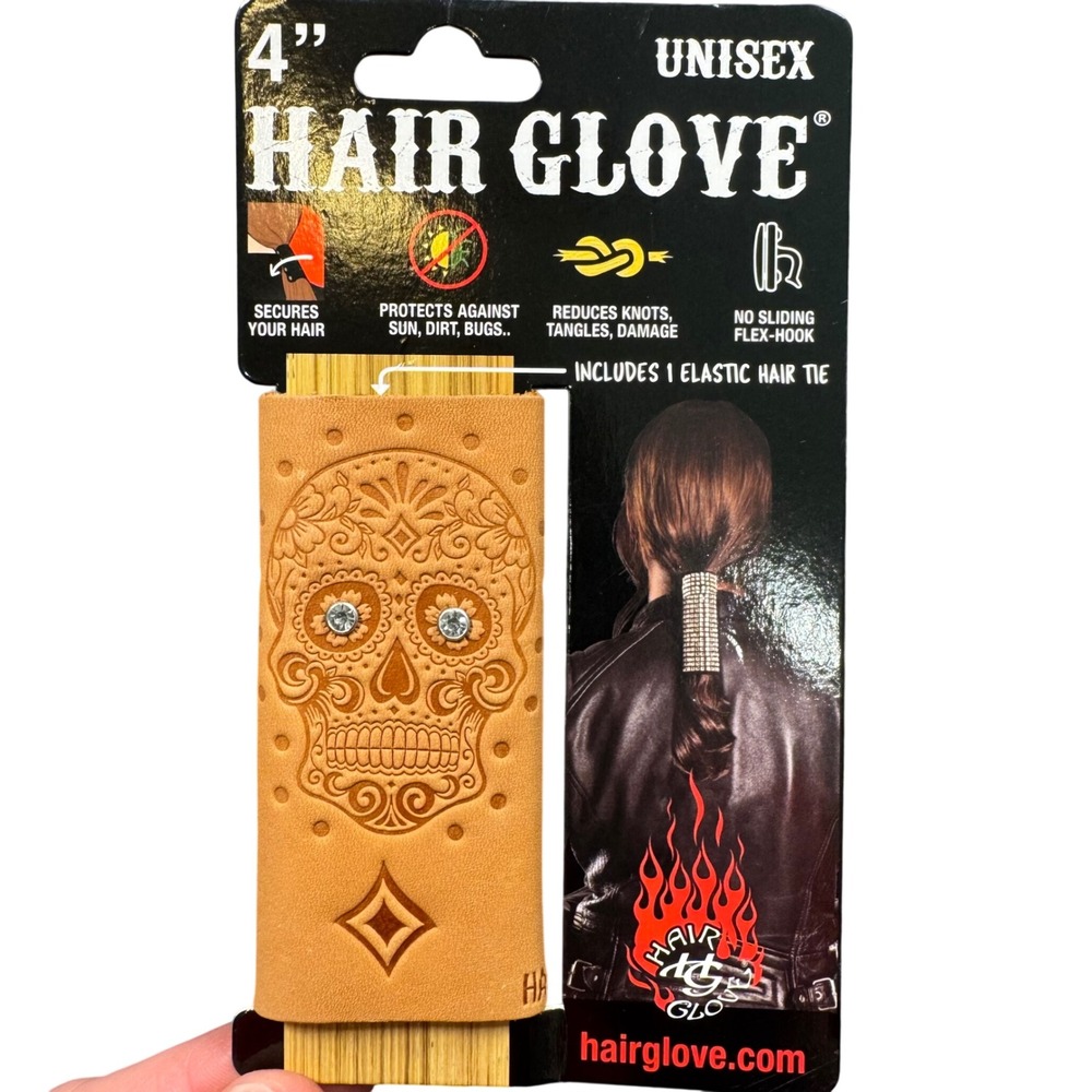 Sugar Skull Biker Ponytail Wrap‎ Tan Embossed Leather Hair Glove Unisex